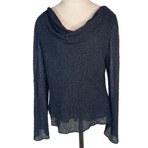 Vintage Talbots Black Glam Beaded Blouse Silk Blend Cowl Neck Size10 Sheer Lined